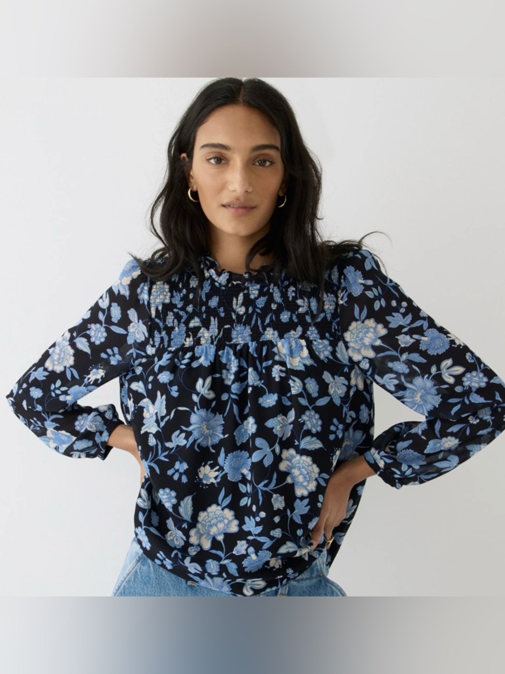 J. Crew Ruffle Neck Chiffon Top‎ in Midnight Blue Black Floral Blouse Size:Med.